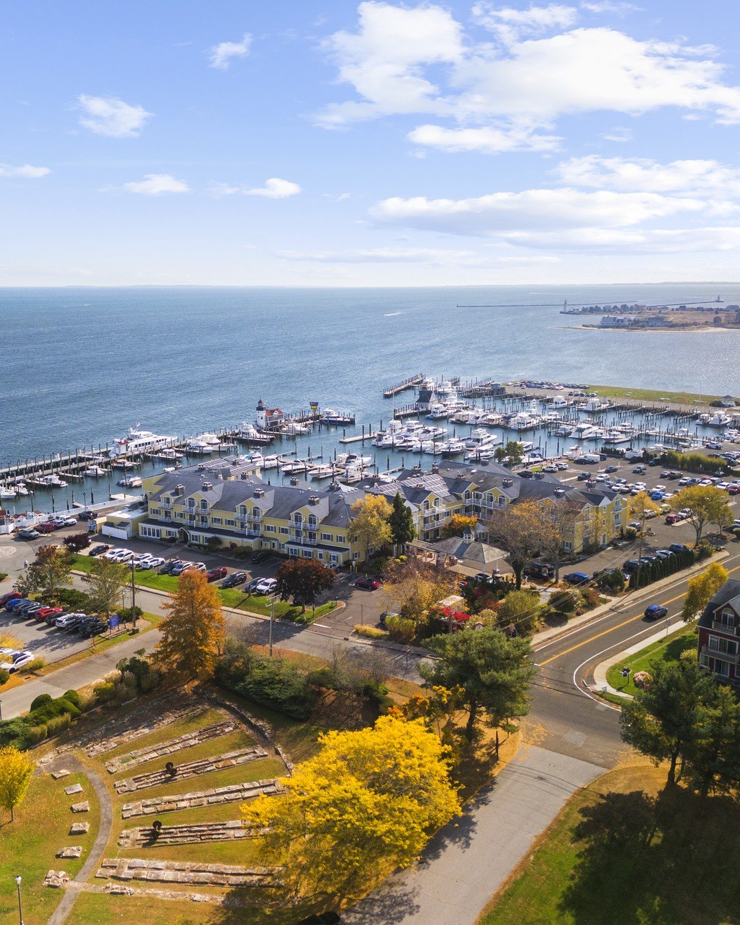 Aerial view of Saybrook Point and the Connecticut River meeting Long Island Sound